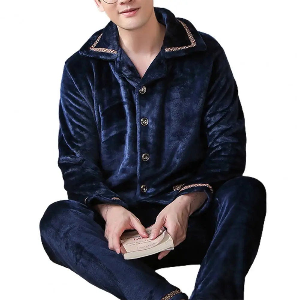 

Sleepwear Men's Winter Pajamas Set with Lapel Thick Buttons Elastic Waist Soft Warm Homewear Top Pants Set for Men Solid Color