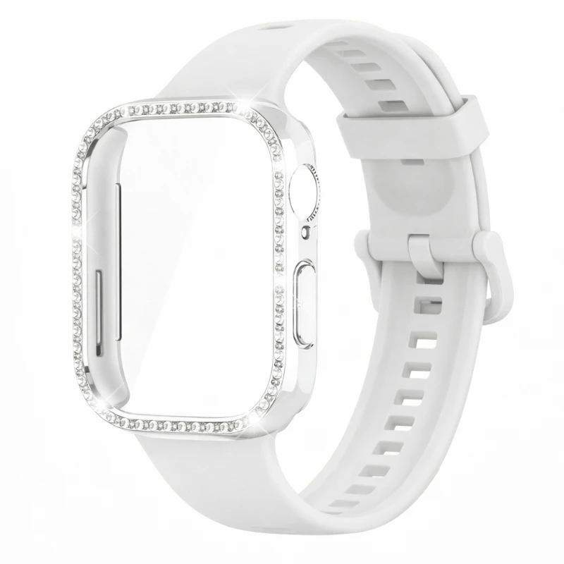Elegant Silicone Strap with Sparkling Diamond Case - Fashion Sports Bracelet & Protective Cover