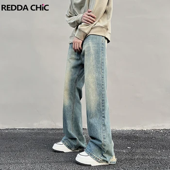 REDDACHIC 남성용 블루 브러시드 닳은 헐렁한 청바지, 찢어진 캐주얼 와이드 팬츠, 빈티지 Y2k 바지, 힙합 스트리트웨어