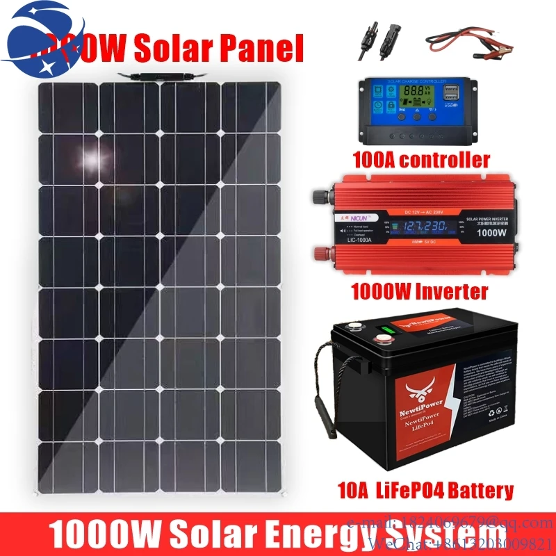 

YUN YI 1000W Solar System For Home Complete Kit With 1000W 2000W Solar Panel 100A Charge Controller 220V Inverter 10Ah30Ah LFP B