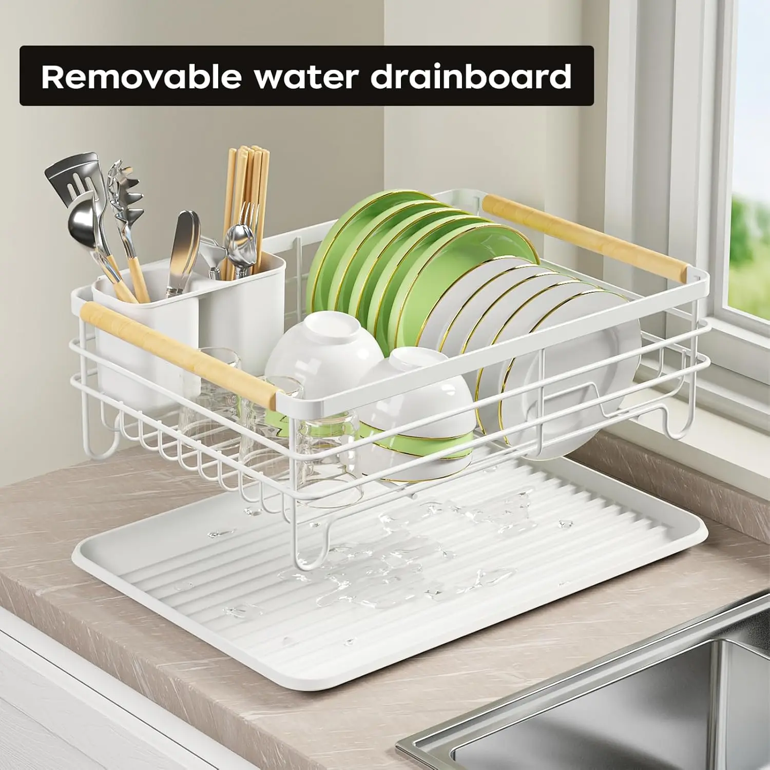Dish Racks for Kitchen Counter: Wooden Handles, Thickened Metal, No Assembly. Small Dish Drying Rack: Ideal for Small Households