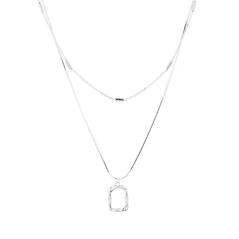 

383L ZFSILVER S925 Sterling Silver Fashion Double Snake Chain Irregular Rectangle Necklace For Women Wedding Charm Party Jewelry
