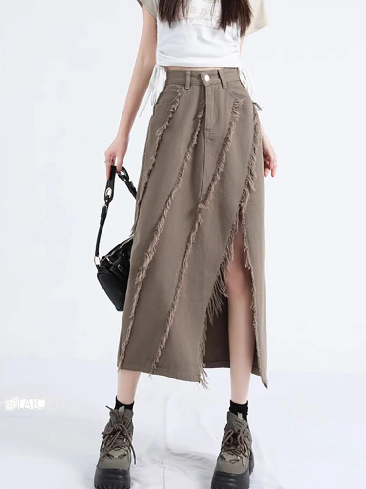 

khaki Casual Versatile Denim Skirt High Waist Wrap Hip Street Front Split Fashion Raw Edge Design A-line Denim Skirt