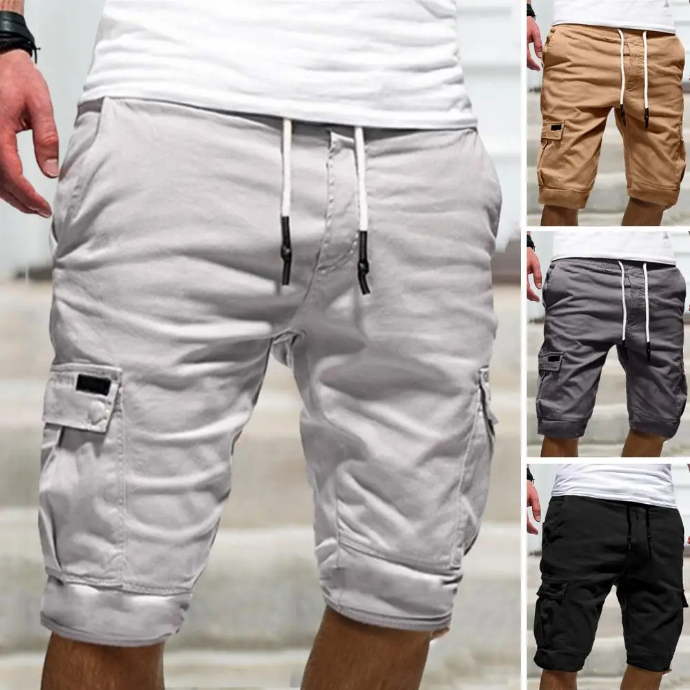 

Harajuku All Match Trousers Mid-Rise Elastic Waistband Drawstring Multi Pockets Shorts Solid Color Loose Fitness Cargo Shorts