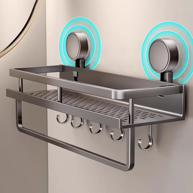 ชั้นวางของในห้องน้ำแบบติดผนัง ไม่ต้องเจาะ ติดตั้งด้วยถ้วยดูด ชั้นวางของในห้องน้ำ ชั้นวางของในห้องน้ำ ชั้นวางของอลูมิเนียมสำหรับห้องน้ำ ชั้นวางของในห้องน้ำแบบแขวน ชั้นวางของในห้องน้ำแบบแขวนผนัง 1