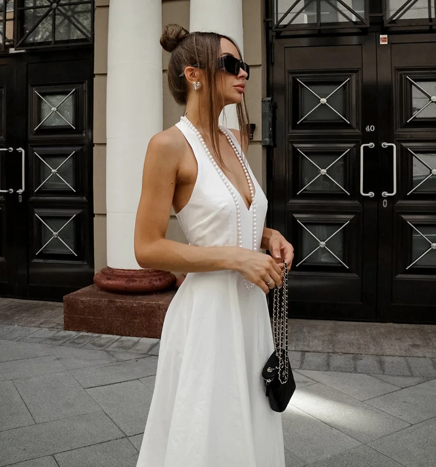 White V-Neck Backless Long Dress Female Sleeveless High Waist Fashion Elegant Luxury Bodycon Dress Women Solid Maxi Dress