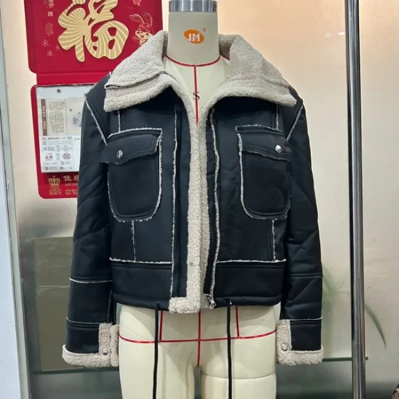 Faux Leather Jackets Women PU Short Thick Warm Black Outwear Female Aviator Retro Lapel Velvet Coat New Year Winter Tops YDL06