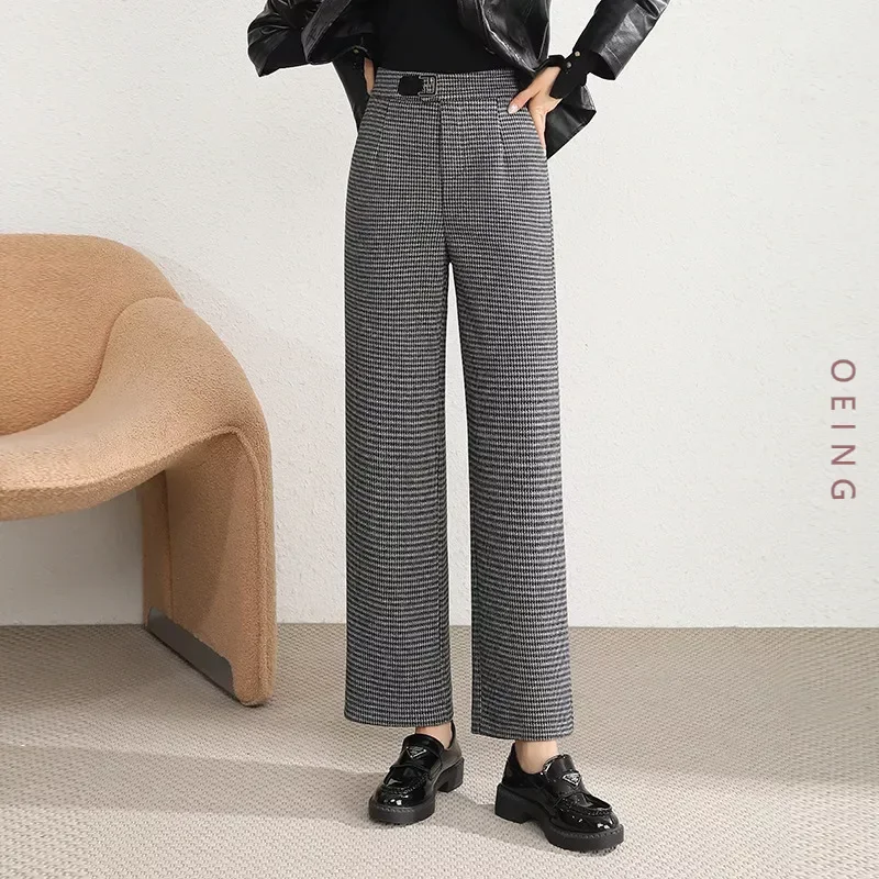

Vintage Plaid Woolen Straight Pants Women Autumn Winter Elegant Chic Casual Slim High Waist Thick Trousers Office Lady 4XL W860