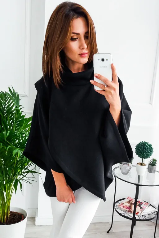 2024 Autumn Winter Thick Warm Sweatshirt Fleece Cloak Bat Sleeved High-necked Sweater Top Cape Tops Chic Wholesale Drop Shipping