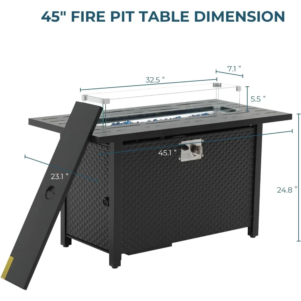 Propane Fire Pit Table 45 Inch 50,000 BTU Square Outdoor Gas Firepit with Steel Tabletop Glass Wind Guard Blue Glass