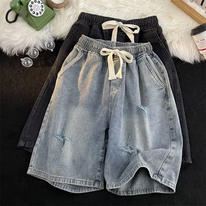 

2024 Summer Men Vintage Holes Casual Denim Shorts Mens Fashion Baggy Short Jeans Male Drawstring Loose Straight Shorts G224