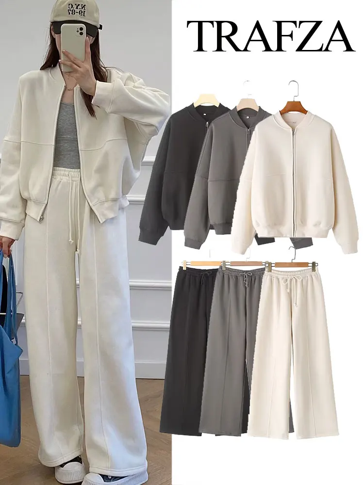 TRAFZA Women's Fall 2-Piece Retro Solid Color Zip Bomber Jacket Sweatshirt+High Waist Lace Up Women's Wide Leg Pants Street Wear 5