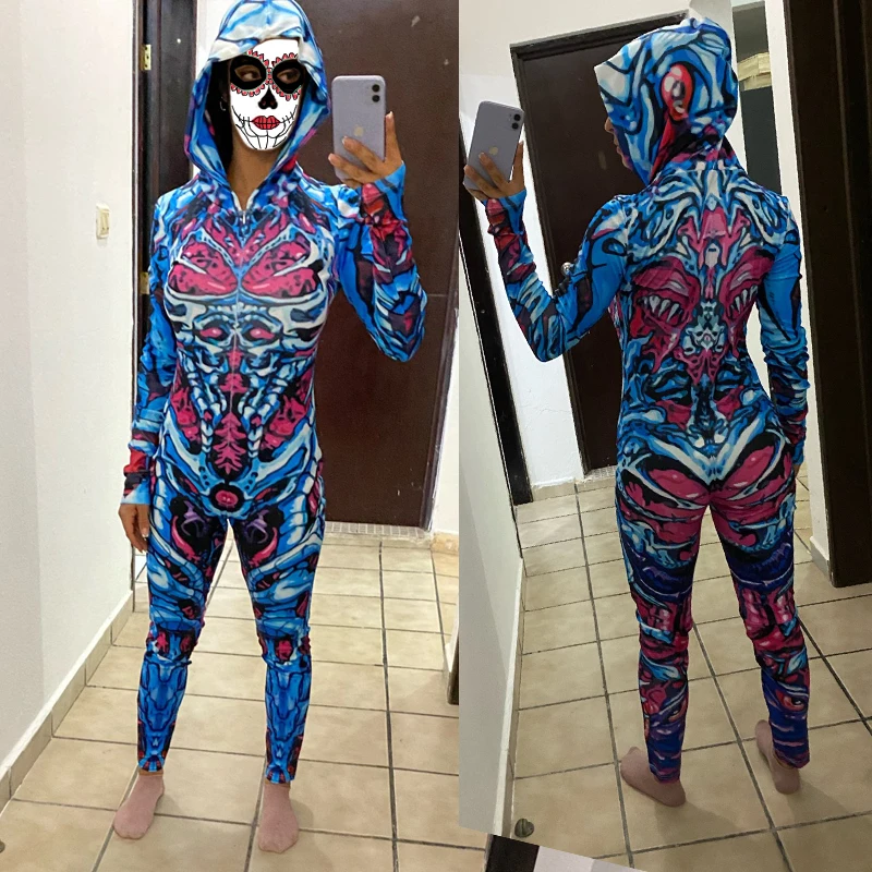 Halloween Costumes Skeleton Bodysuit Women Scary Skeleton Jumpsuit Print Zombie Cosplay Full Sleeve Autumn Winter