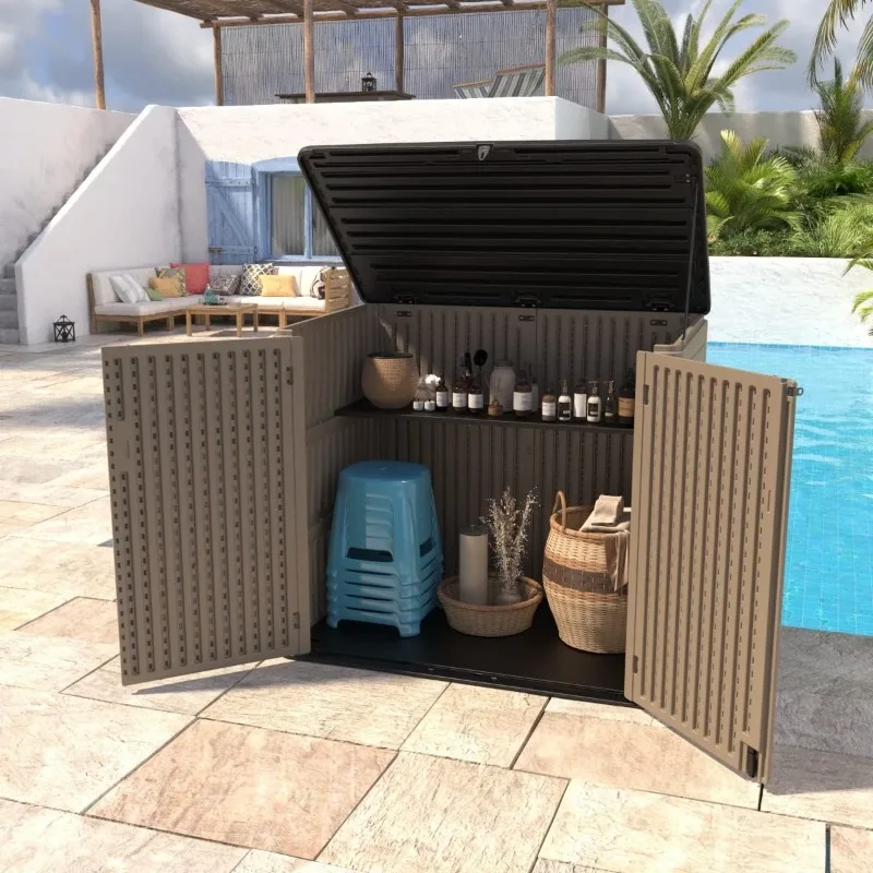 ADDOK Horizontal Outdoor Storage Sheds,Large Resin Outdoor Storage Cabinet for Patio Furniture,Grill and Gardening Tools. 5
