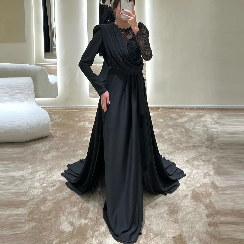 

Carolina O-Neck A-Line Evening Dresses Women Long Sleeves Satin Elegant Long Satin Lace Wedding Guest Elegant Formal Party Gowns