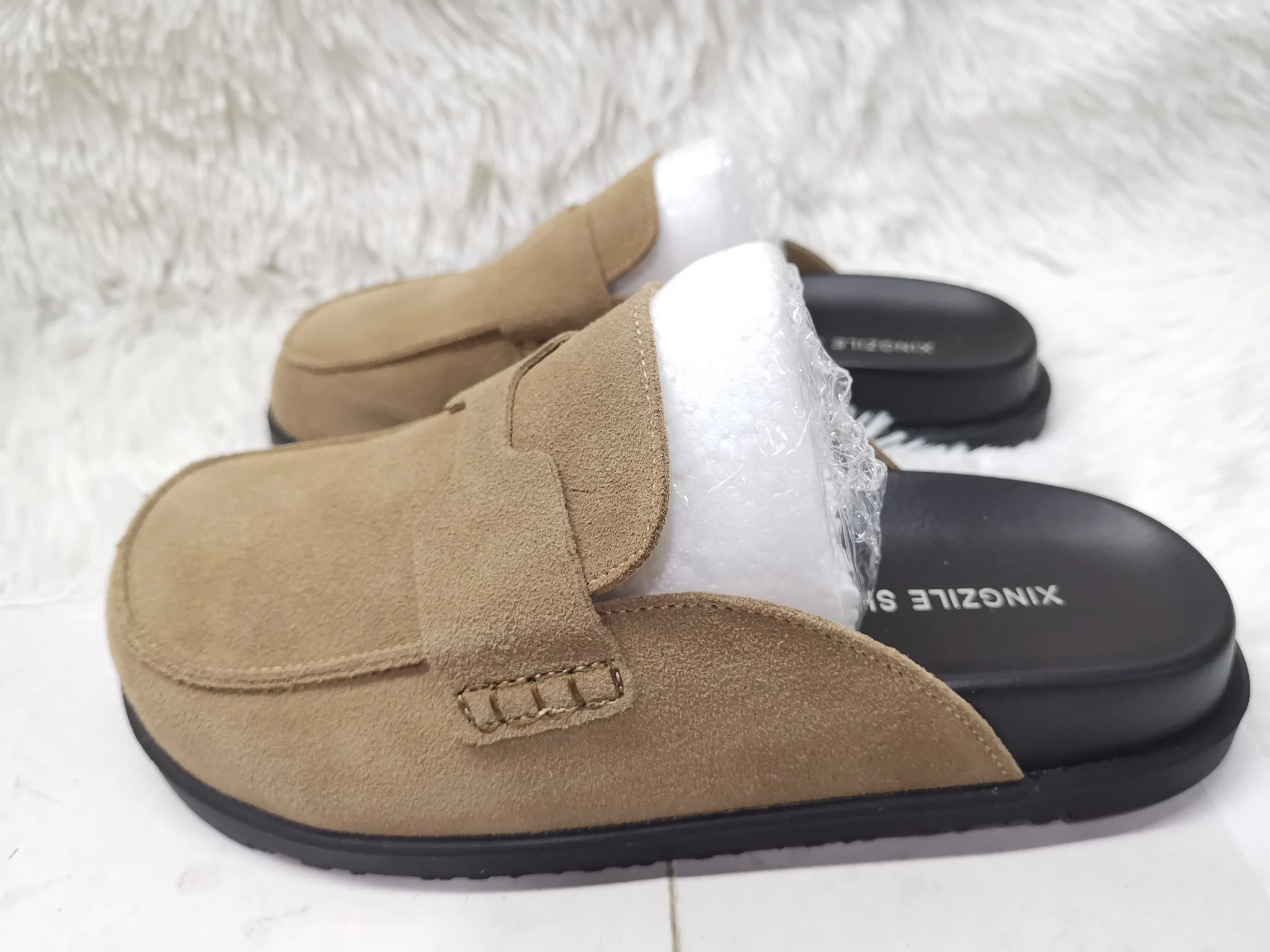 Summer New Round Toe Cow Suede Women Slippers Fashion Chunky Platform Slip-On Half Head Slipper Outdoor Comfortable Female Shoes