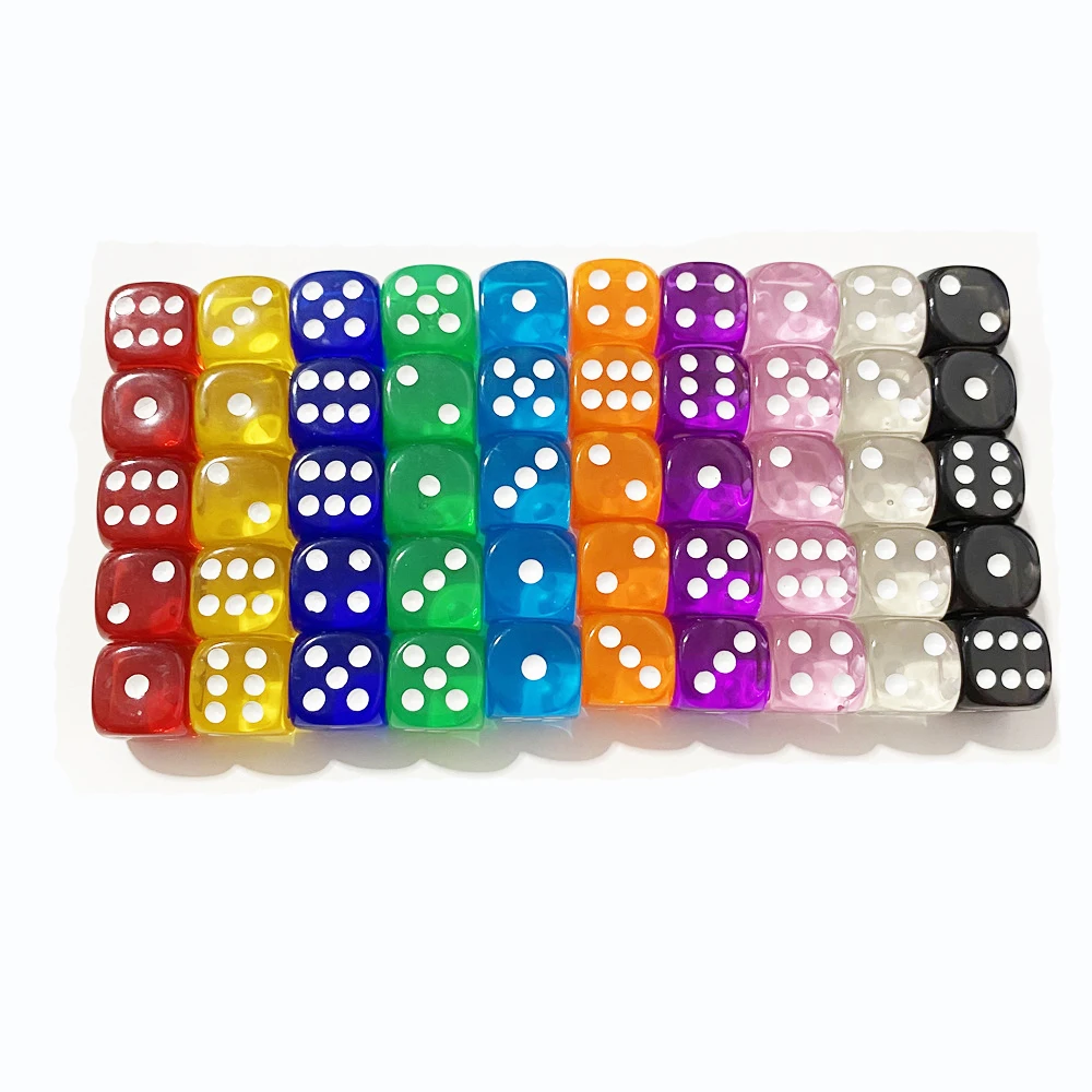 50PCS/Set 6 Sided Point Dice 16mm D6 16 Transparent Color Acrylic Round Corner Cube For MTG Table Board Games Party Accessoris