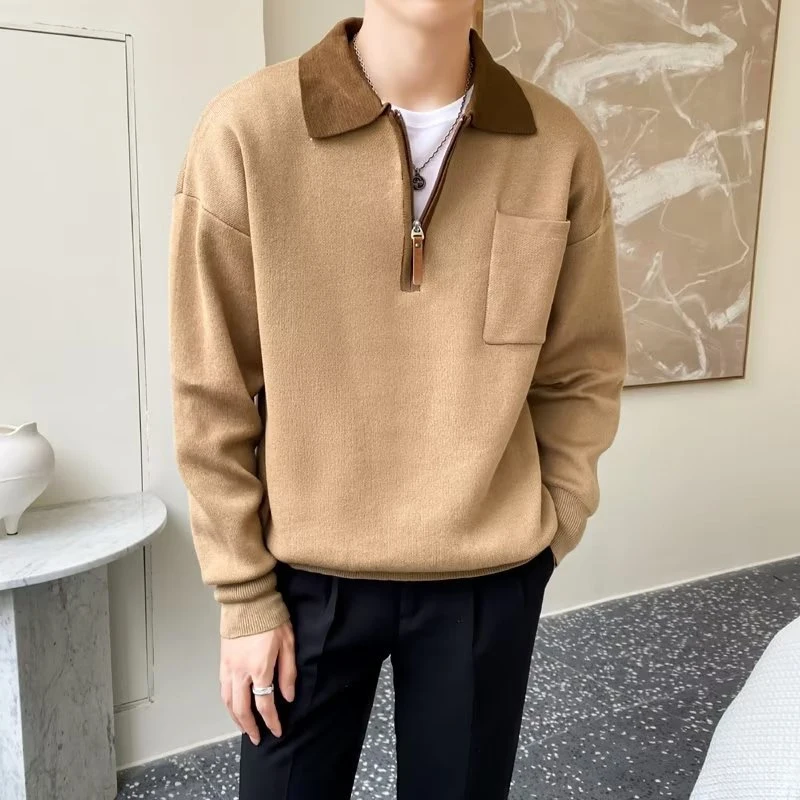 

Autumn Winter Fashion Stitch Knitted Pullover Male Clothing Long Sleeve Lapel Sweaters Coat Mens Zip Business Sweater Shirts