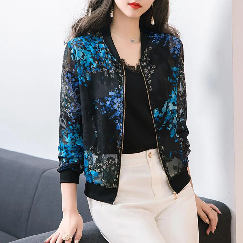 

Printed Women Coat Floral Chiffon Sunscreen Coats for Women Sheer Stand Collar Outwear with Long Sleeves Zipper for Summer