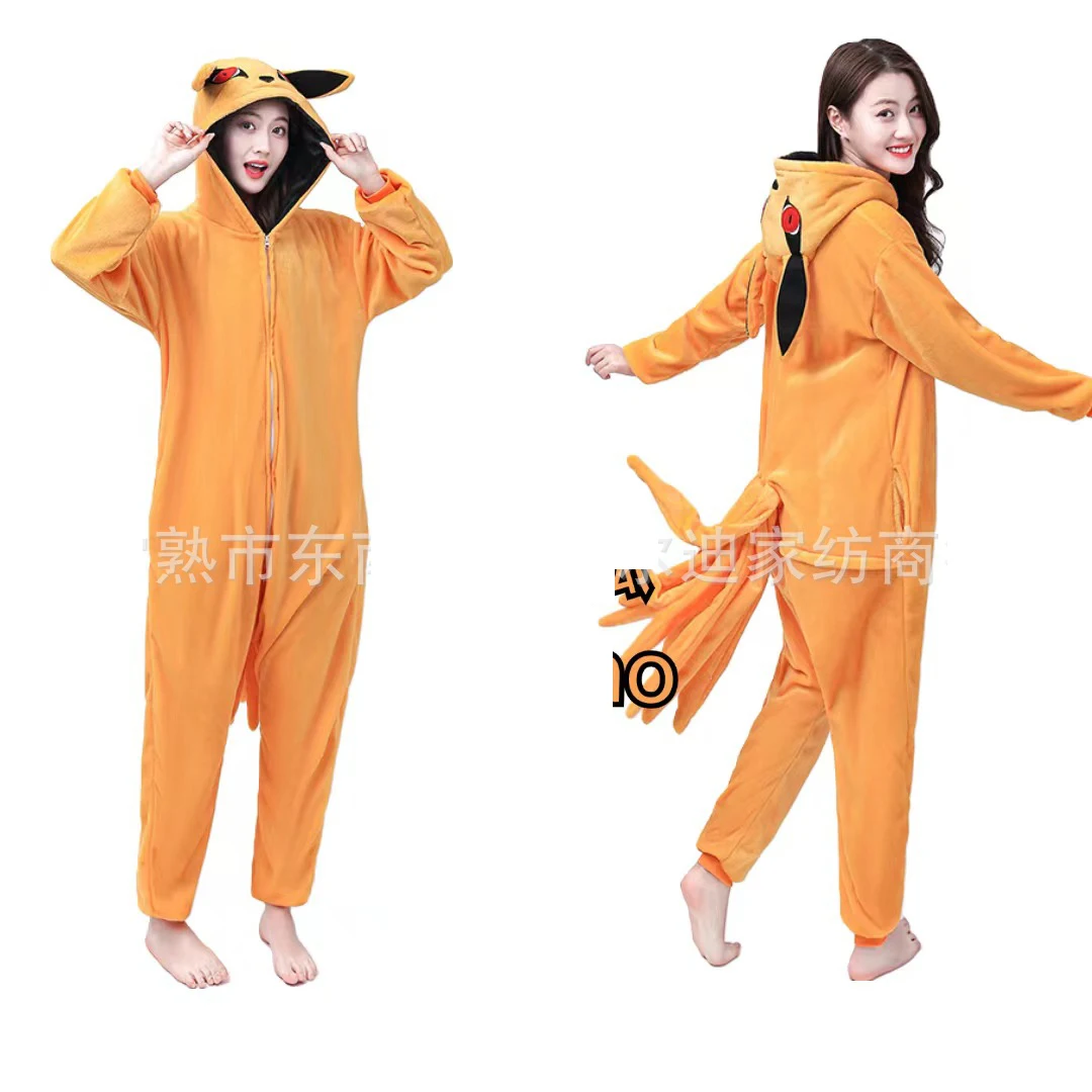 Uzumaki Kurama Kyuubi Fox Cosplay Costume Kigurumi Adult Unisex Anime Pajamas Flannel Jumpsuit Sleepwear Halloween Carnival Suit