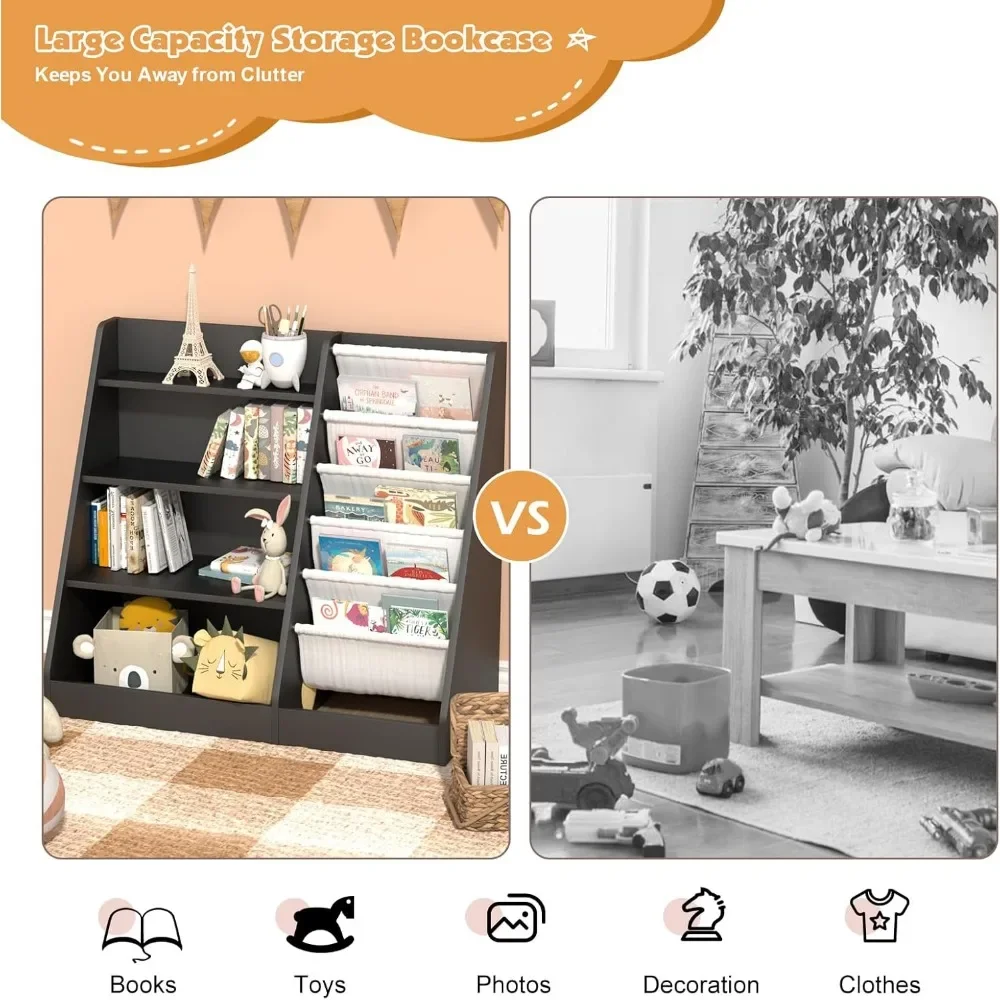 Montessori Kid Bookshelf Toddler Bookcase Cabinet Children Book Rack Display Toy Storage Organizer 4 Tier 5 Sling Deep Sleeves 4