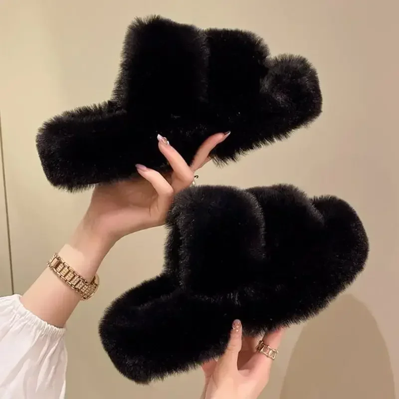 Winter Fluffy Slippers Women 2024 New House Home Fur Slippers For Women Flat Platform Cozy Fuzzy Indoor Shoes Korean Slides — view 3