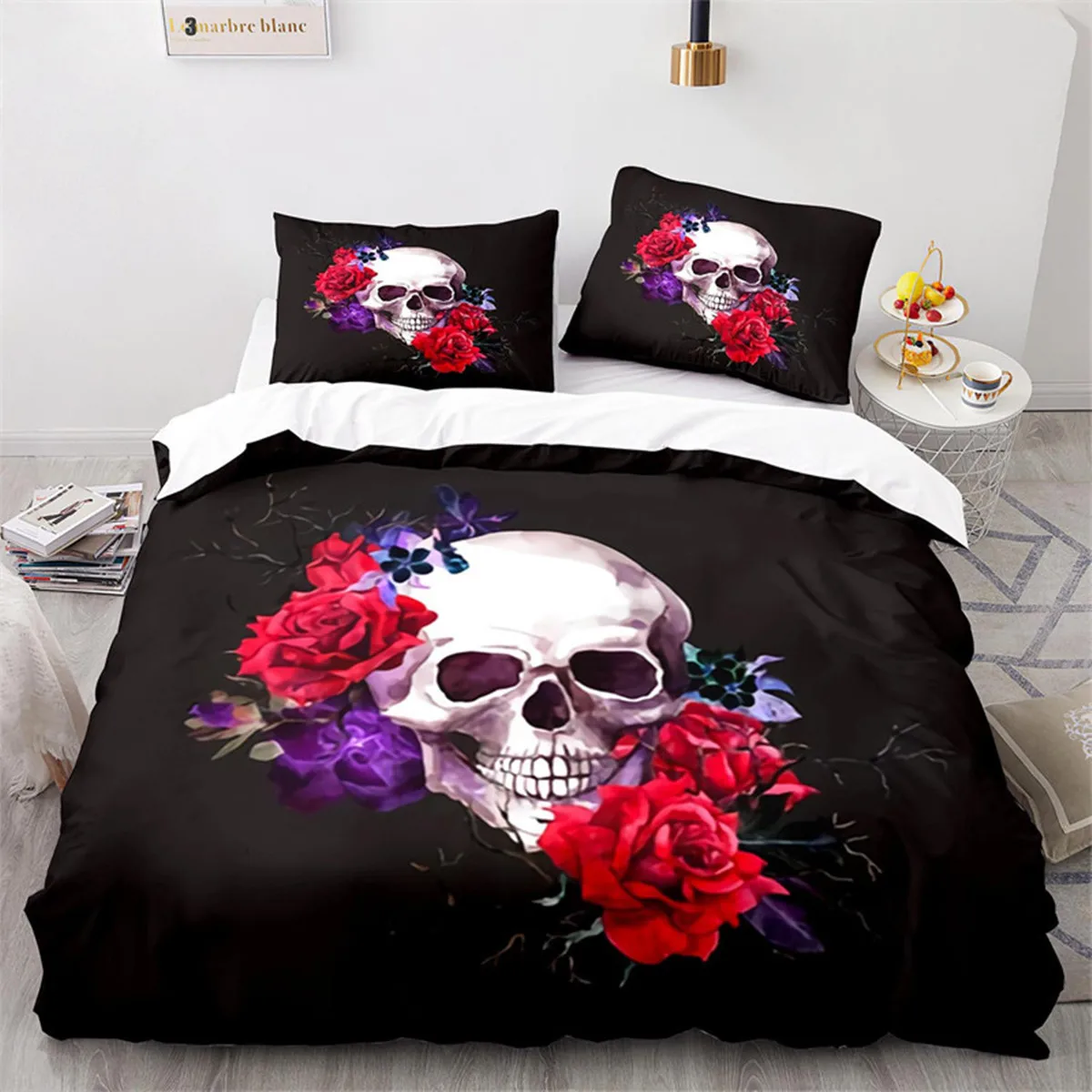 

Sugar Skull Rose Duvet Cover Gothic Spooky Skeleton Skull Duvet Cover Horror Theme Floral for Teen Adult for Bedroom Decoration