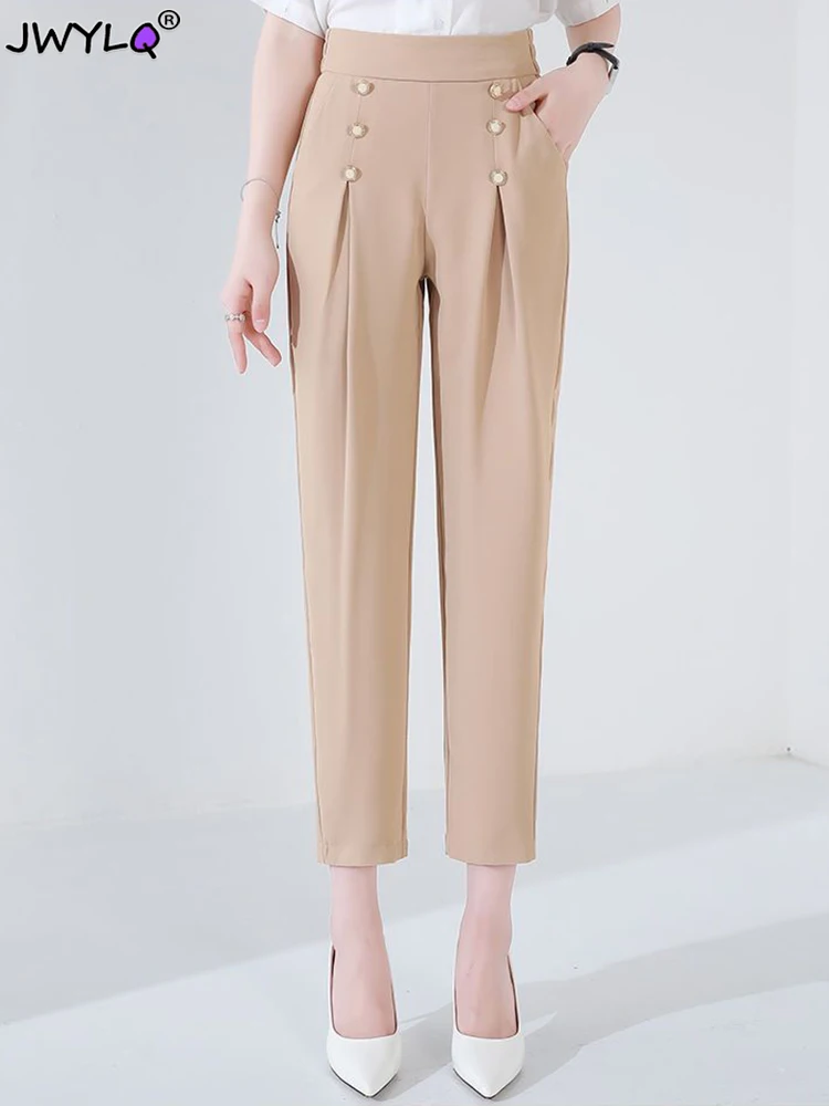 

High Waist Double-breasted Pencil Pants Elegant Women Casual Ankle-length Harem Pantalones Oversize Korean New Office Trousers