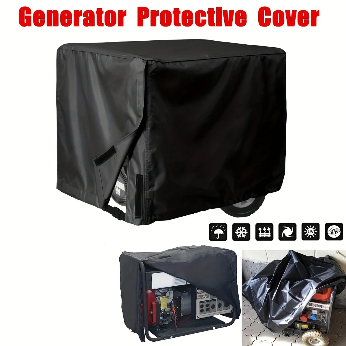1pc Waterproof Universal Generator Cover For Most Generators 5500-15000 Watt, Black, 96.52x71.12x76.2cm 4