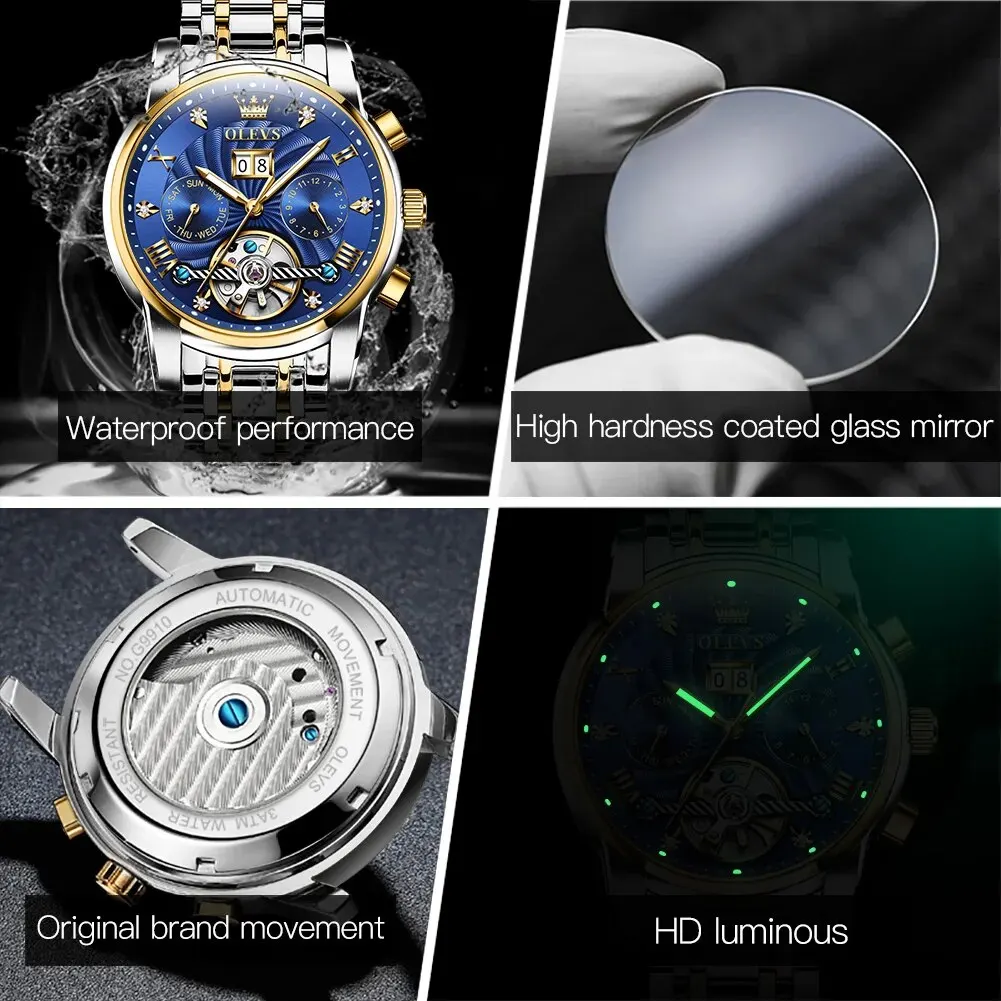 OLEVS 9910 Tourbillon Automatic Watch for Men Luxury Skeleton Men's Mechanical Wristwatch Stainless Steel Top Original Man Watch mechanical watch