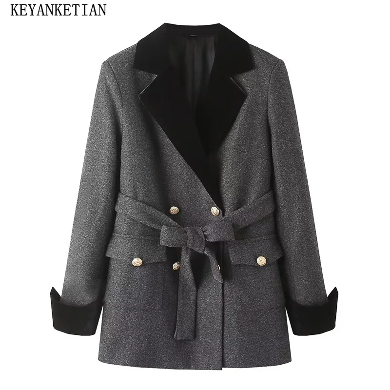 

KEYANKETIAN 2024 New Launch Women's Woolen Patchwork Suit With Belt Double Breasted Flap Pockets Dark Grey Woolen Coat Outerwear