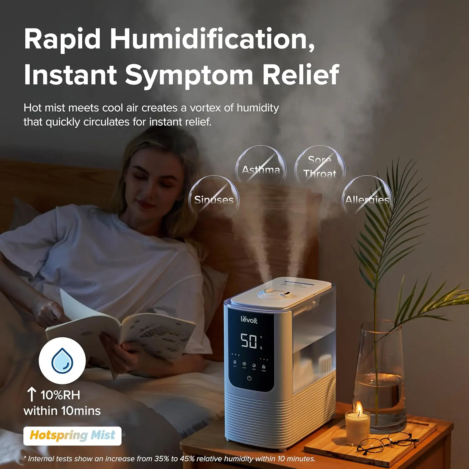 Humidifiers for Bedroom Home, Smart Warm and Cool Mist Air Humidifier for Large Room, Auto Customized Humidity, Fast Symp 3