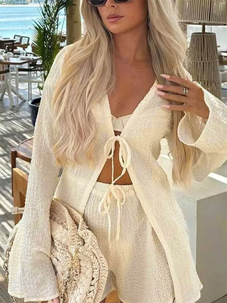 Women's Blouses Shorts 2 Piece New Spring Summer Streetwear Fashion Lace-up Long Sleeves Tees Sexy Shorts Two Piece Set Clothing