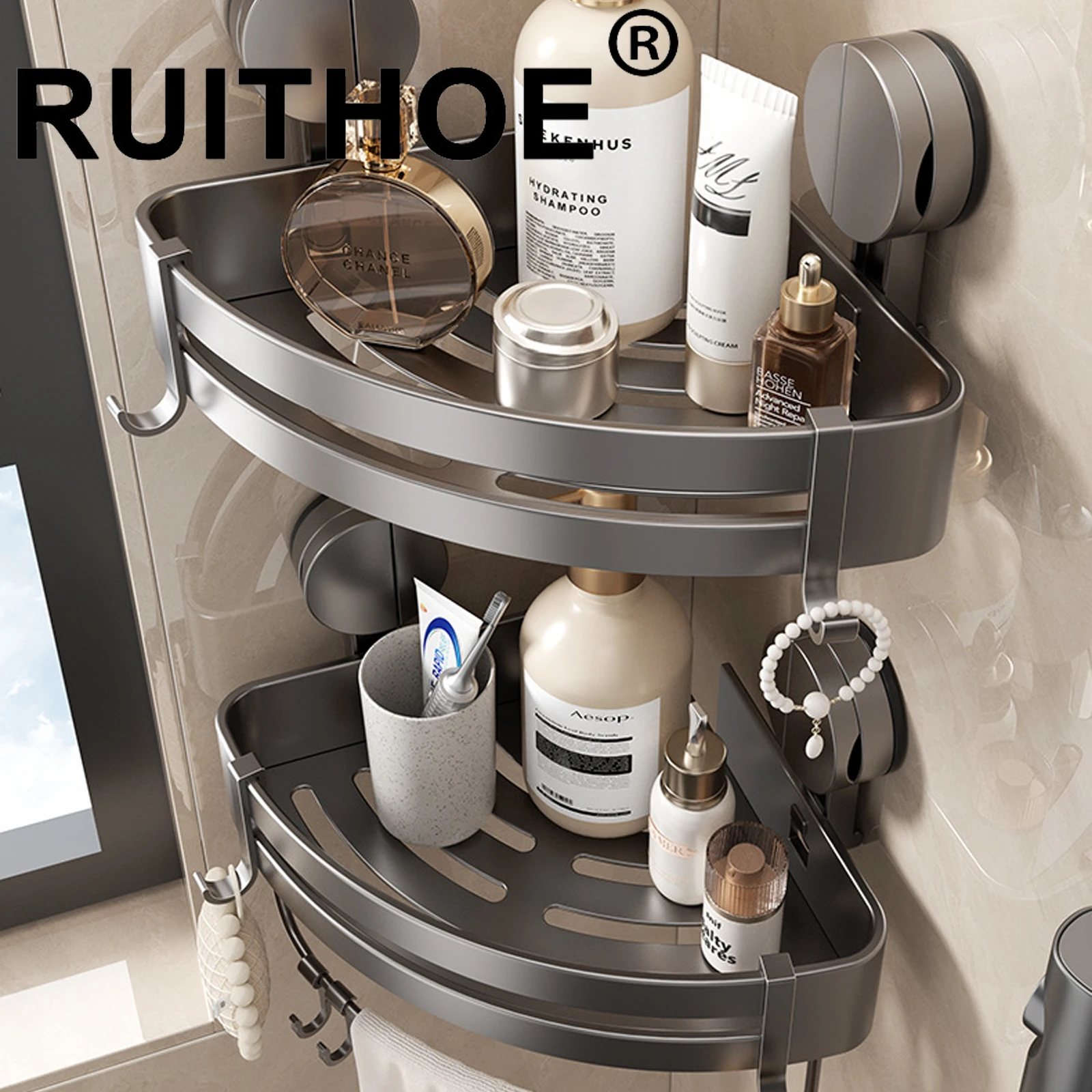 ห้องน้ําชั้นวางสําหรับอาบน้ําติดผนังแชมพูขวดOrganizerฝักบัวมุมRack Storage Punch-ฟรีอุปกรณ์ห้องน้ํา 1