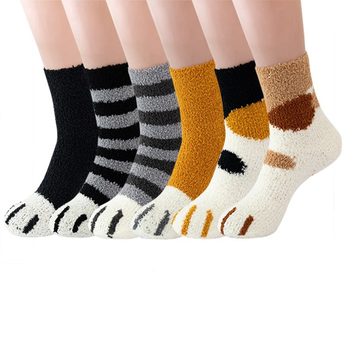 

CHAOZHU 5 Pairs Cat Paw Lovely Cartoon Women Girls Winter Warm Socks Coral Velvet 100% Thicken Grey Yellow Socks Set