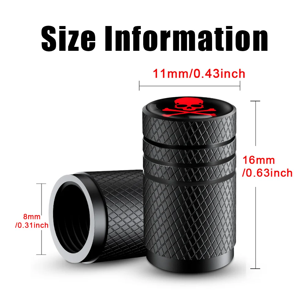 4 Tappi Valvola Pneumatici A Forma Di Teschio - Nero Con Occhi Rossi - Antipolvere E Antiruggine