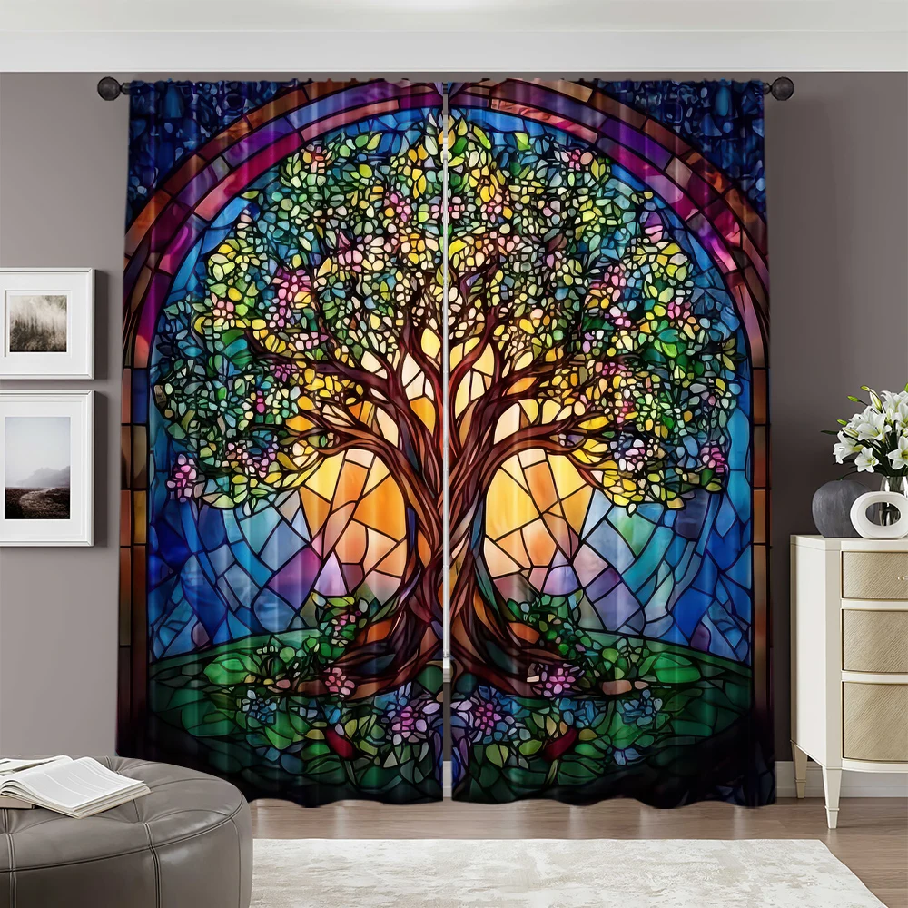 2pcs, spring summer Curtains Stained Glass Tree of Life Yarn Curtains 100% Polyester Room Decor for Room, Kitchen, Study, 2