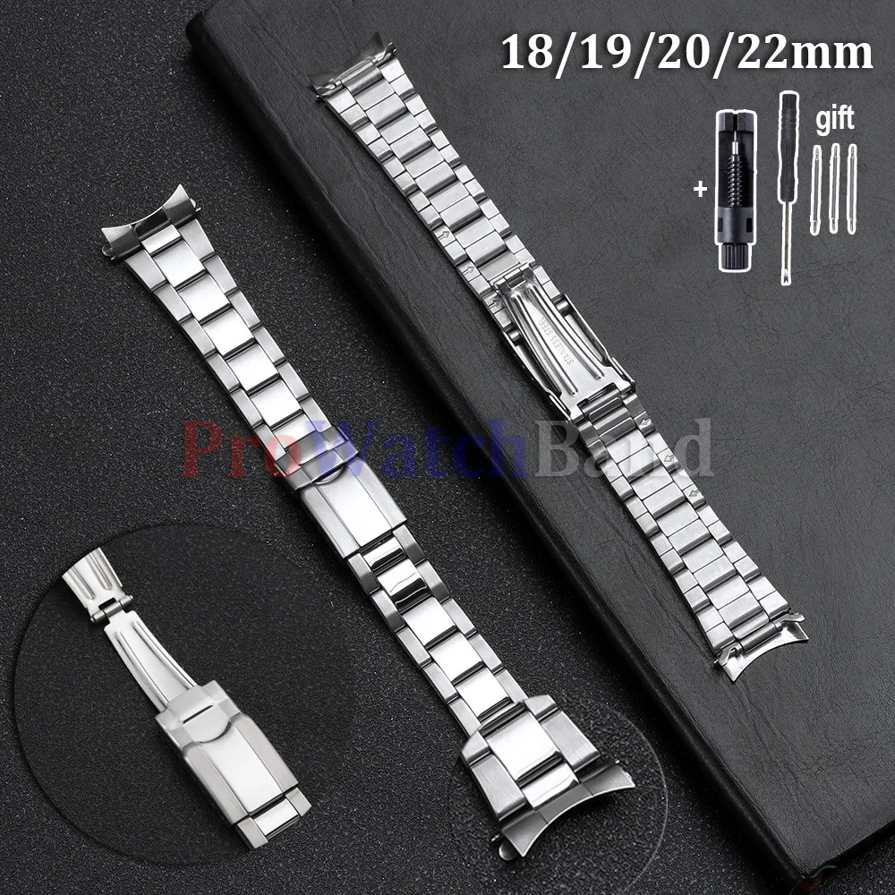 Men's Stainless Steel Curved End Sports Watch Strap with Universal Folding Buckle