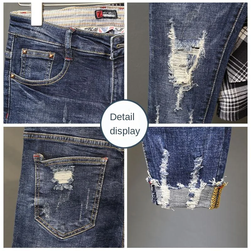 Men Jeans Ripped Jeans Ripped Patchwork Jeans New Original Spring Autumn Blue Wash Designer Distressed Ripped Knees Slim Fit Denim Jeans Whiskers Frayed Hem Men