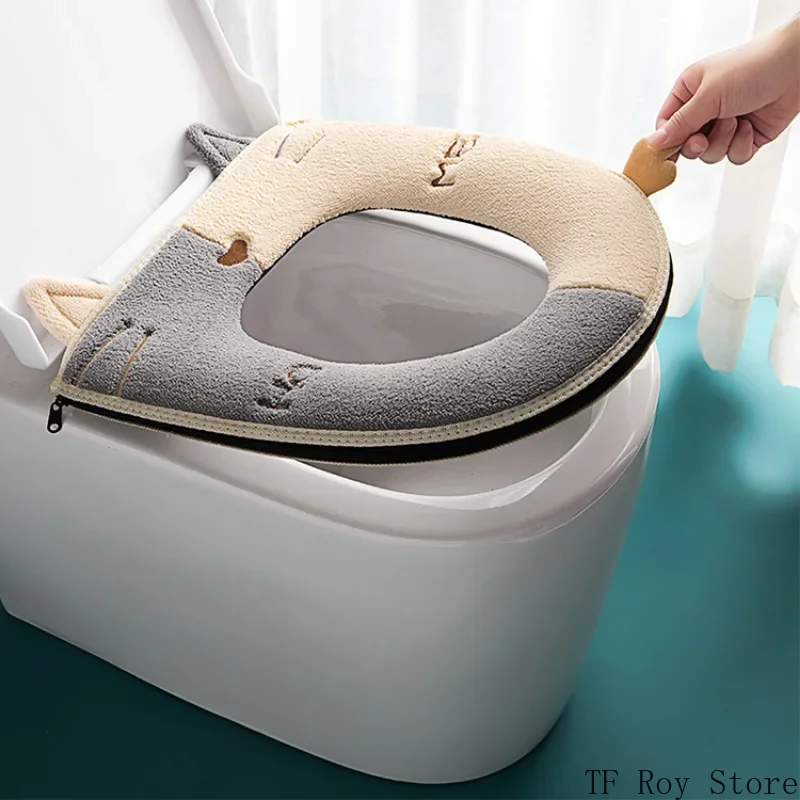 Universal Cartoon Cat Shape Toilet Mat with Handle Thicken Plush Toilet Seat Cover Mat Toilet Cushion Bathroom Aceesories 3