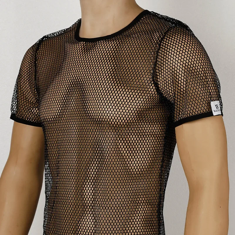 Mens Mesh T-Shirt New Summer See Through Hollow Out Breathable Streetwear Tops - 5