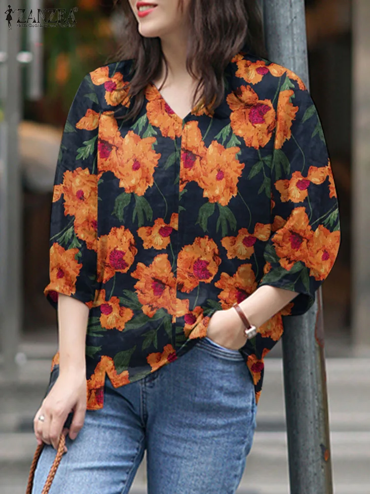 

ZANZEA Casual Floral Printed Blouse Bohemian Holiday Party Blusas Mujer 3/4 Sleeve V-Neck Tunic Tops Spring Holiday Shirt 2024
