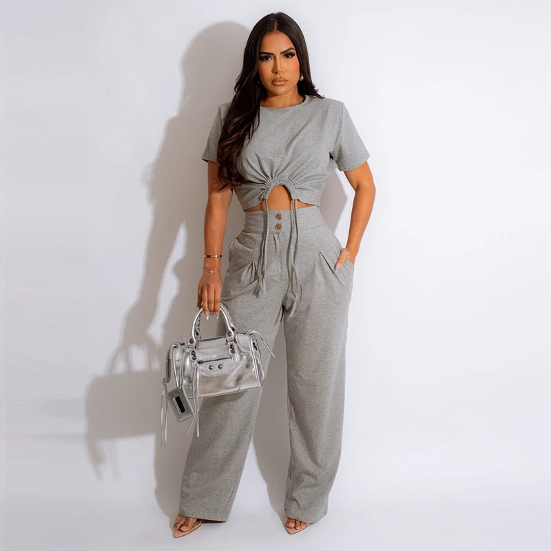 Women Casual Two Piece Tracksuit Solid Ruched Drawstring Short Sleeve T Shirts And High Waist Wide Leg Trousers Fashion Y2K Set simenual grey split denim stacked pants zip up baddie style streetwear pencil jeans for women high waist bodycon ruched trousers