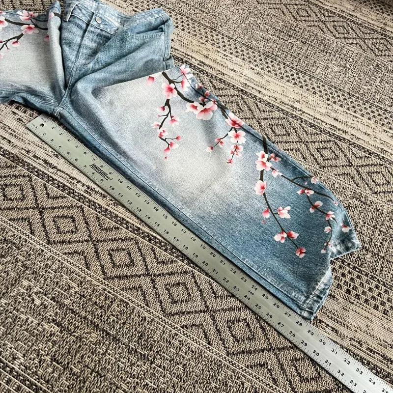 Y2K Fashion Washed Old Geometric Cherry Blossom Oversized Printed Baggy Jean Female Harajuku Popular Casual Joker Wide-leg Pants 5