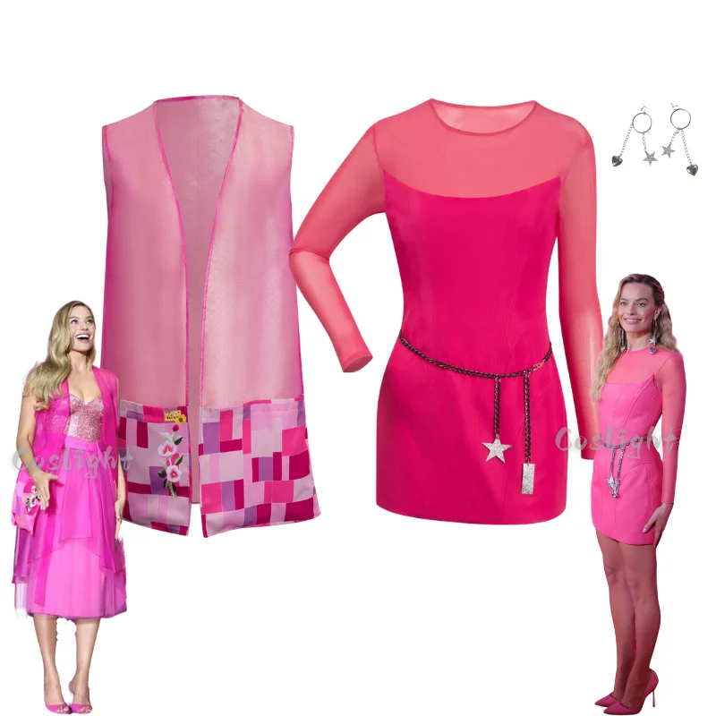 

Margot Cosplay Movie Barbier Costume Pink Dress Earrings Outfits Women Fantasia Role Play Halloween Carnival Party Disguise Suit