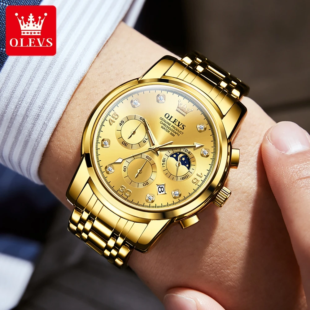 OLEVS 2023 New Mens Watches Top Brand Luxury Gold Quartz Watch for Men Stainless Steel Waterproof Date Chronograph Wristwatch