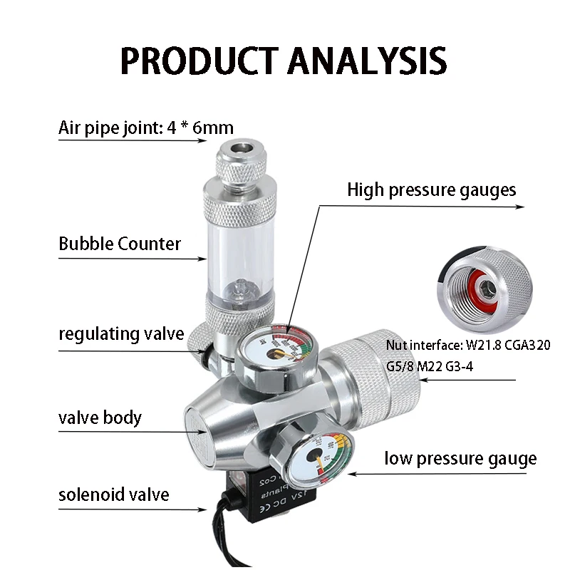 ZRDR Aquarium CO2 Regulator Electromagnetic Valve Bubble Counter CO2 Control System Fish Tank CO2 Pressure Reducing Valve 2