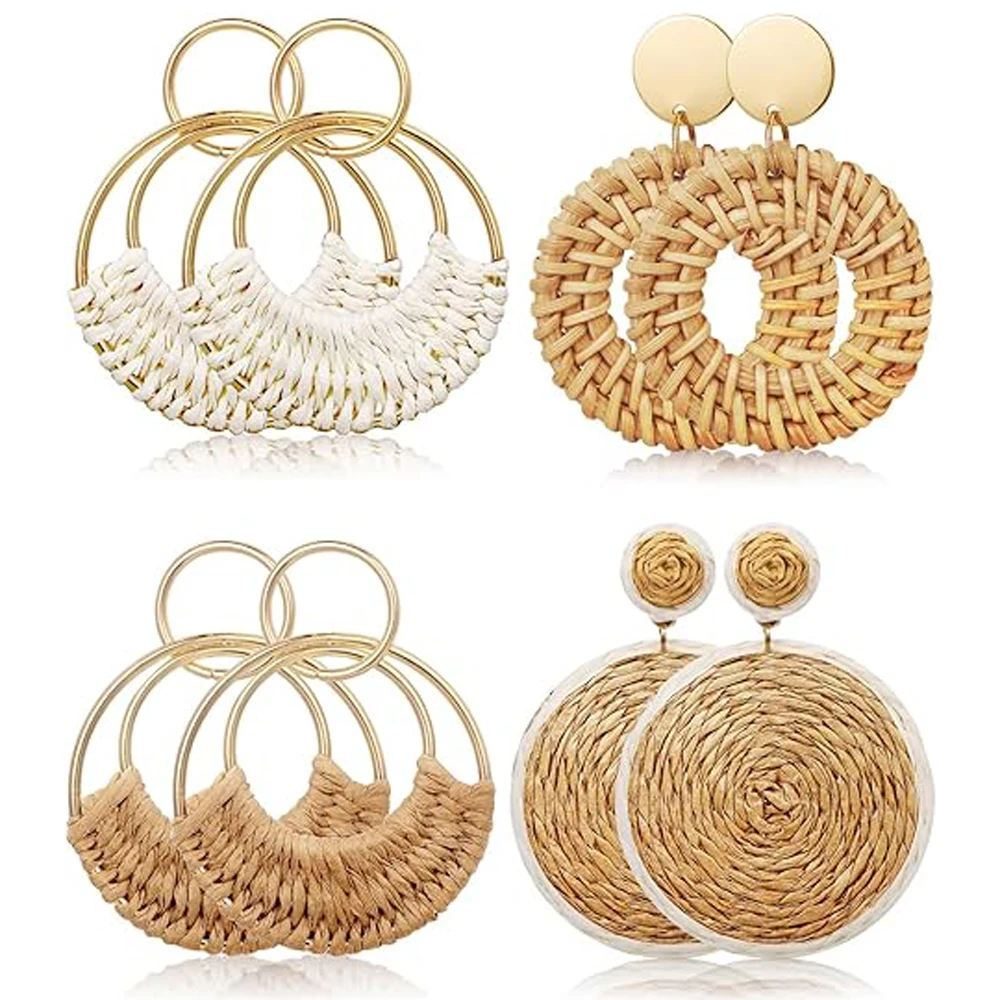 Orecchini A Cerchio In Rattan Tessuto A Mano – Pendenti Bohemien Leggeri, Ipoallergenici, Stile Estivo