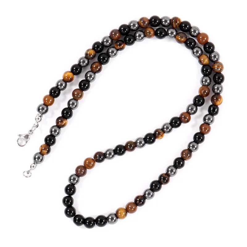2022 New Trendy Round Men Necklace Simple Fashion 6mm Tiger Eye Hematite Stone Bead Necklace For Men Jewelry Gift