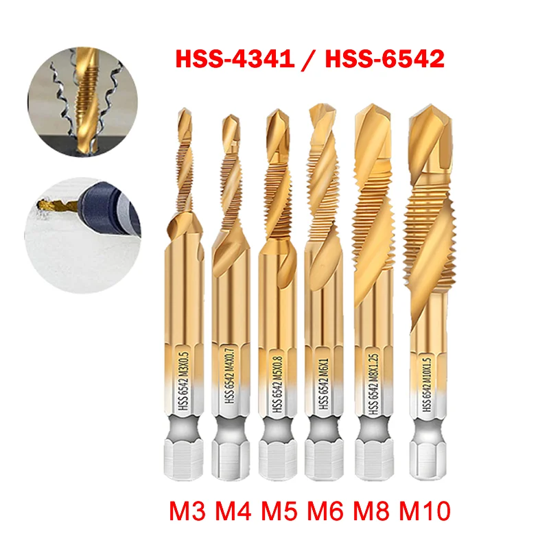 HSS Metric Thread Tap Drill Bits Set M3-M10 Hex Shank Titanium Drill Bit Plated Screw Metric Drill Tap Hand Tools 1/4 Shank 6.35 6pcs hss 1 4 inch hex shank combination drill tap bit set metric deburr countersink bits